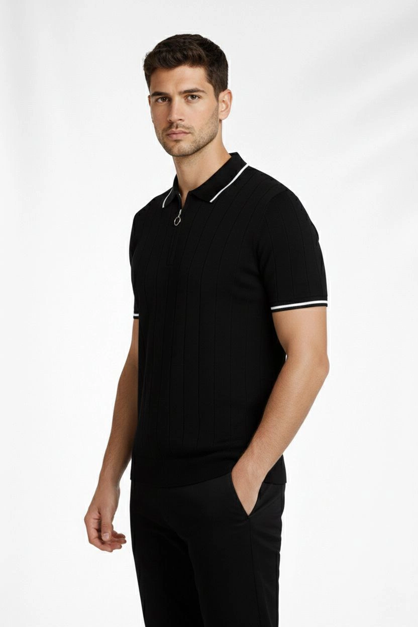 Erkek Triko Tişört Fermuarlı Polo Yaka Kısa Kol T-Shirt 3 lü Set Bej-Beyaz-Siyah