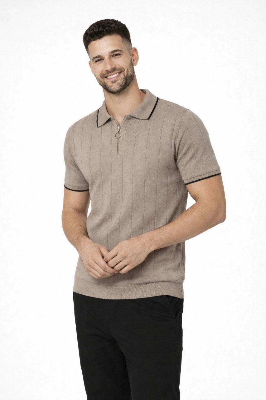 Erkek Triko Tişört Fermuarlı Polo Yaka Kısa Kol T-Shirt 3 lü Set Kahve-Siyah-Beyaz