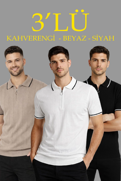 Erkek Triko Tişört Fermuarlı Polo Yaka Kısa Kol T-Shirt 3 lü Set Kahve-Siyah-Beyaz