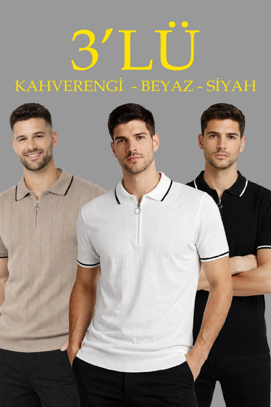 Erkek Triko Tişört Fermuarlı Polo Yaka Kısa Kol T-Shirt 3 lü Set Kahve-Siyah-Beyaz