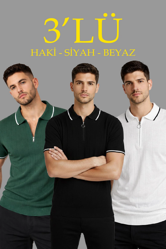 Erkek Triko Tişört Fermuarlı Polo Yaka Kısa Kol T-Shirt 3 lü Set Beyaz-Haki-Siyah