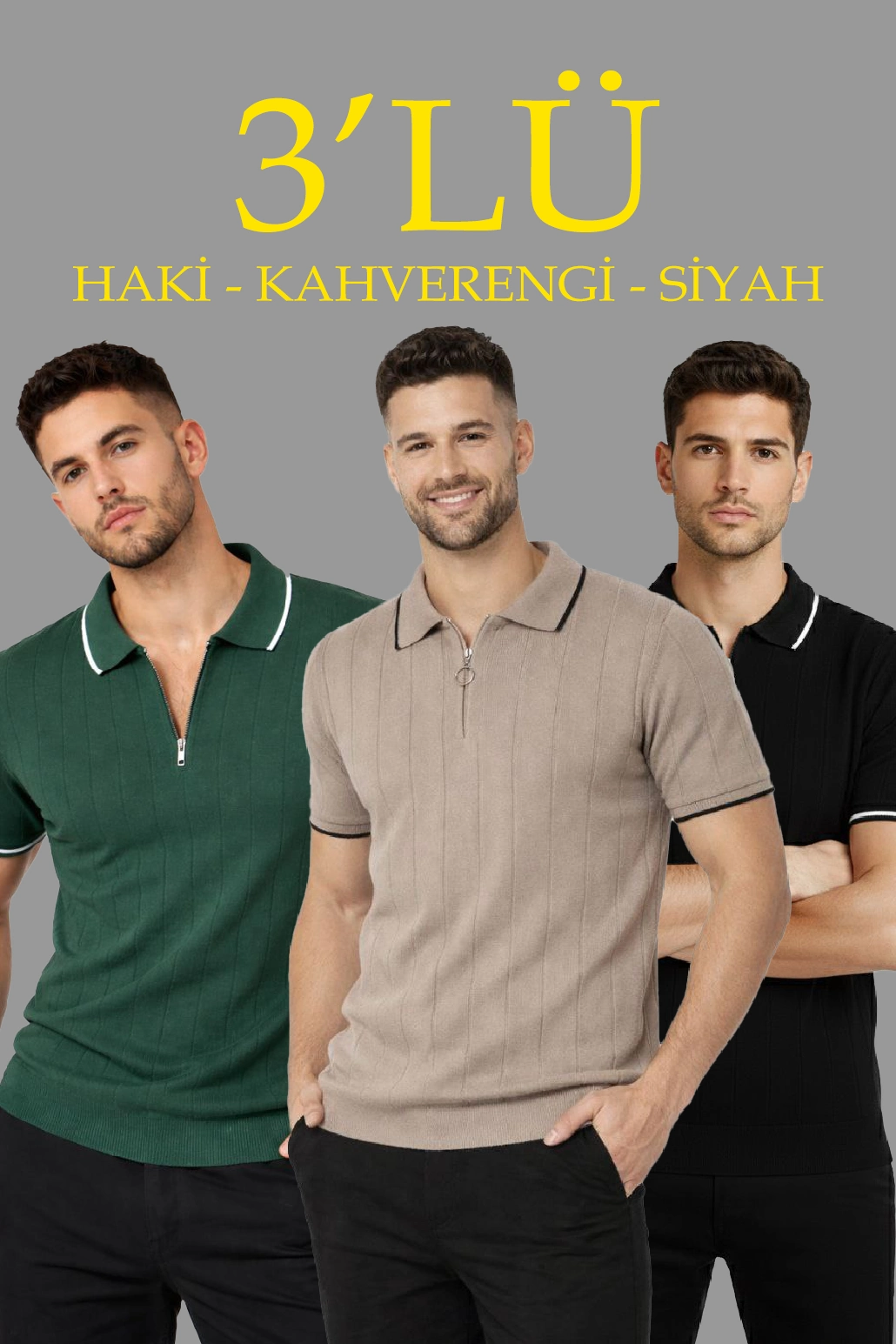 Erkek Triko Tişört Fermuarlı Polo Yaka Kısa Kol T-Shirt 3 lü Set Siyah-Kahve-Haki