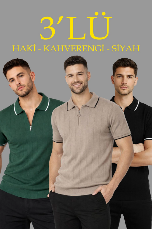 Erkek Triko Tişört Fermuarlı Polo Yaka Kısa Kol T-Shirt 3 lü Set Siyah-Kahve-Haki