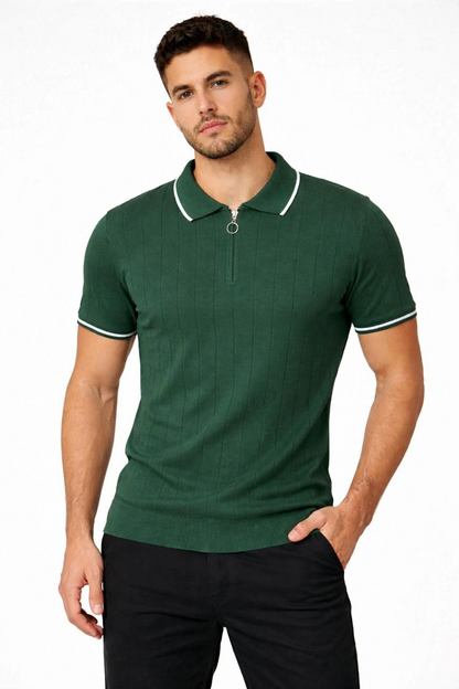 Erkek Triko Tişört Fermuarlı Polo Yaka Kısa Kol T-Shirt 3 lü Set Siyah-Kahve-Haki