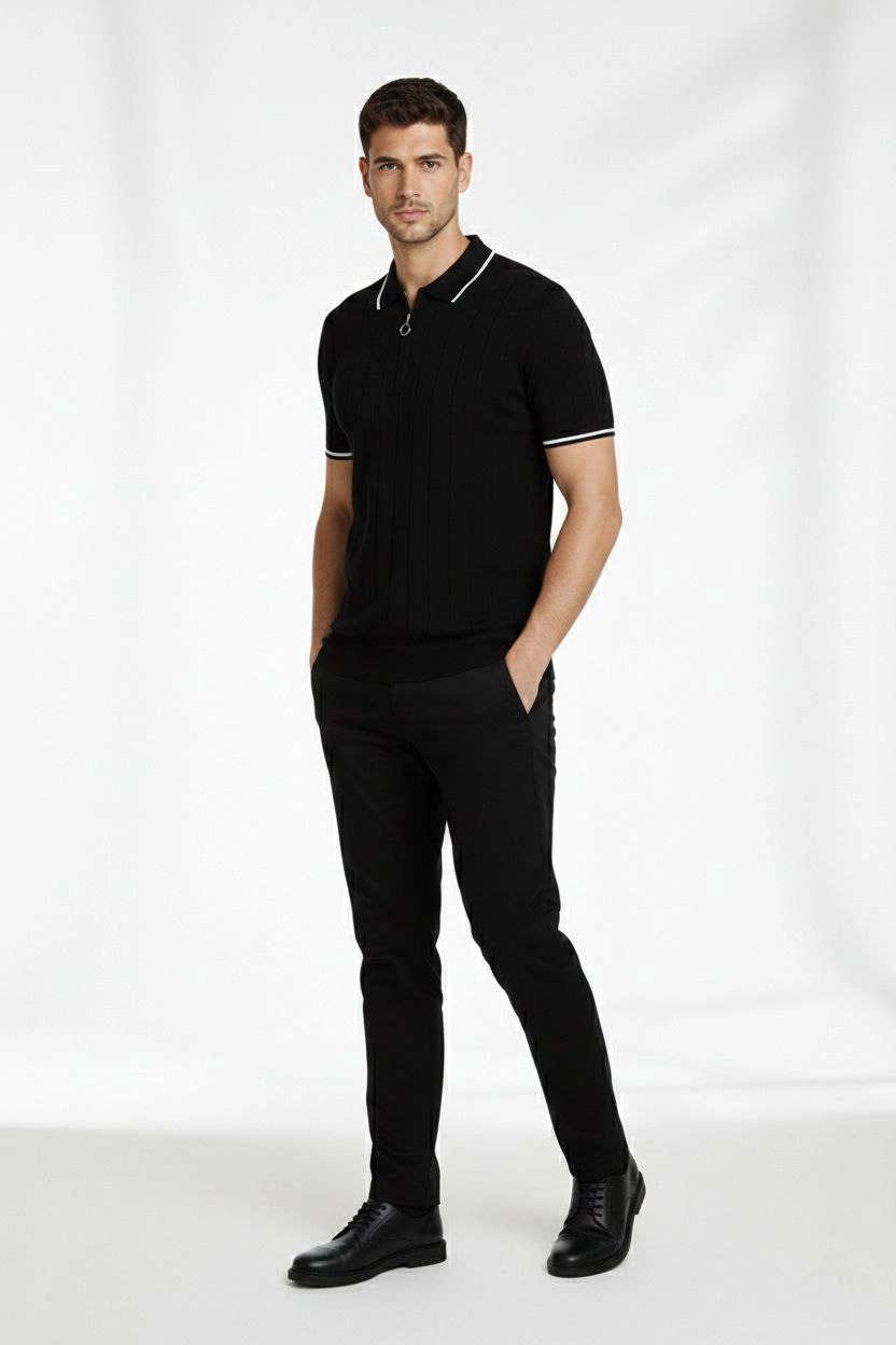 Erkek Triko Tişört Fermuarlı Polo Yaka Kısa Kol T-Shirt 3 lü Set Siyah-Kahve-Haki