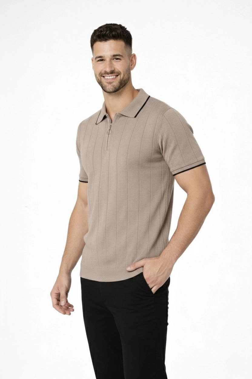 Erkek Triko Tişört Fermuarlı Polo Yaka Kısa Kol T-Shirt 3 lü Set Siyah-Kahve-Haki