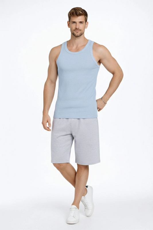 Erkek Fitilli Atlet Sıfır Yaka Slim Fit Arka Baskılı Spor Atlet - Bebek Mavisi