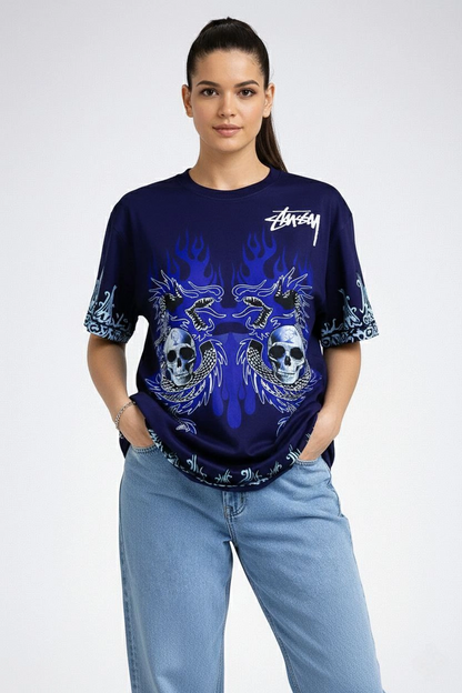 Kadın Oversize Tişört Dragon  Kuru Kafa Baskılı Bisiklet Yaka T-Shirt - Lacivert