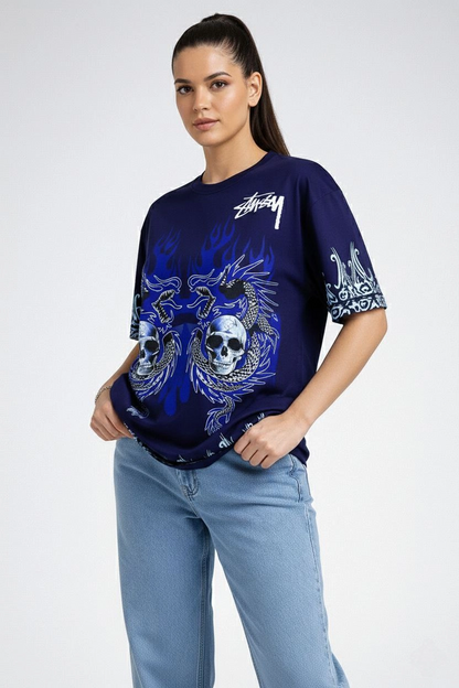 Kadın Oversize Tişört Dragon  Kuru Kafa Baskılı Bisiklet Yaka T-Shirt - Lacivert
