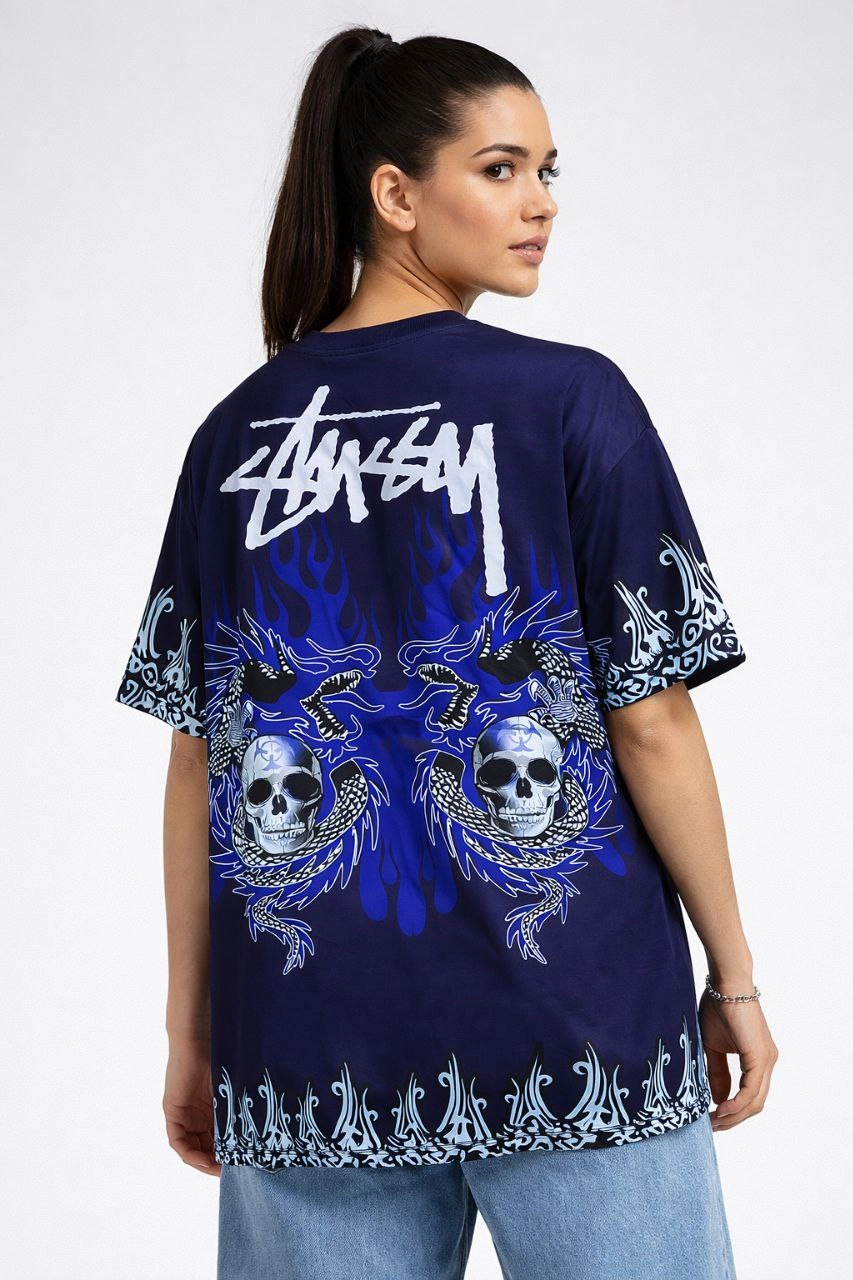 Kadın Oversize Tişört Dragon  Kuru Kafa Baskılı Bisiklet Yaka T-Shirt - Lacivert