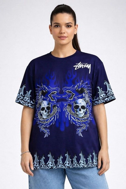 Kadın Oversize Tişört Dragon  Kuru Kafa Baskılı Bisiklet Yaka T-Shirt - Lacivert