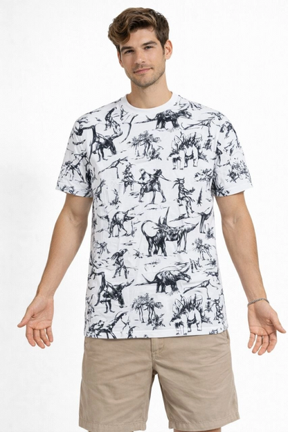 Erkek Dinozor Dijıtal ön ve arka Baskılı Tişört Bisiklet Yaka T-Shirt - Beyaz