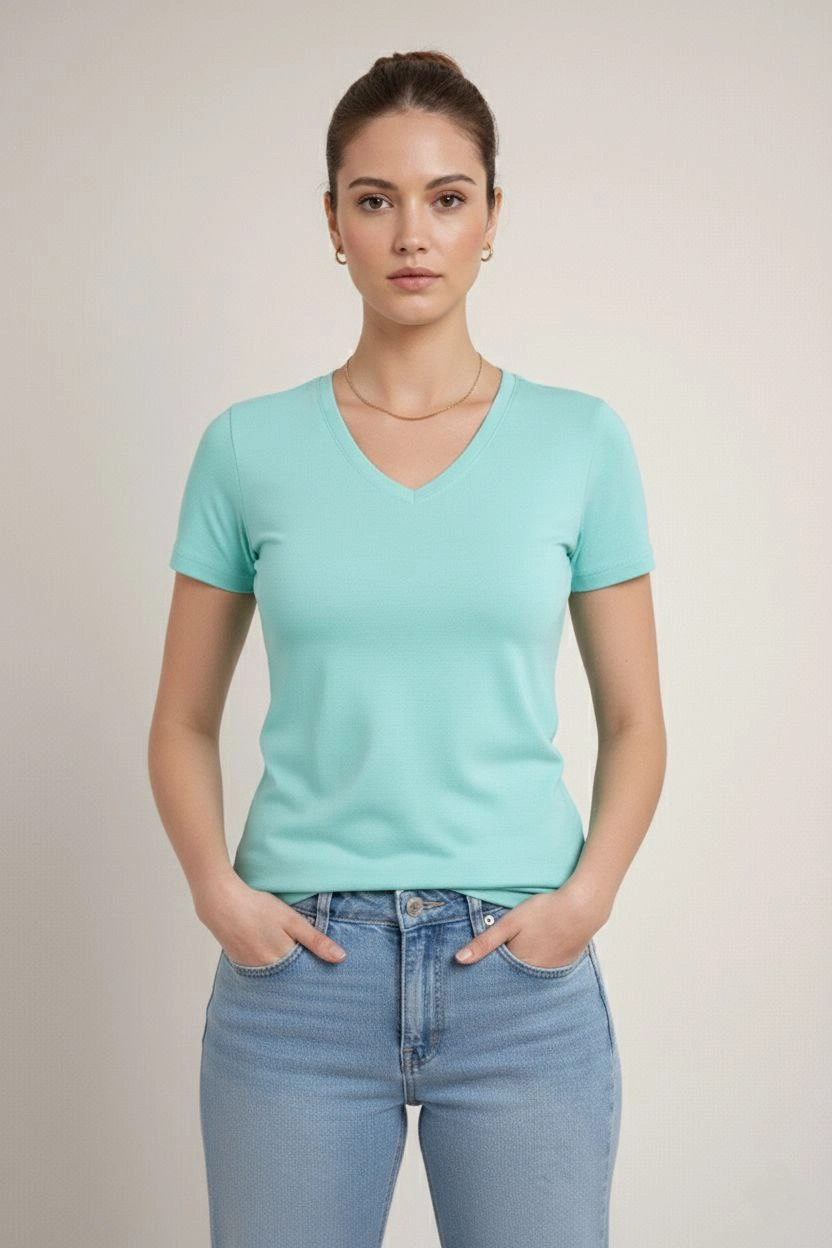 Kadın T-Shirt V Yaka Slim Fit Likralı Tişört Yazlık Basic Body - Turkuvaz