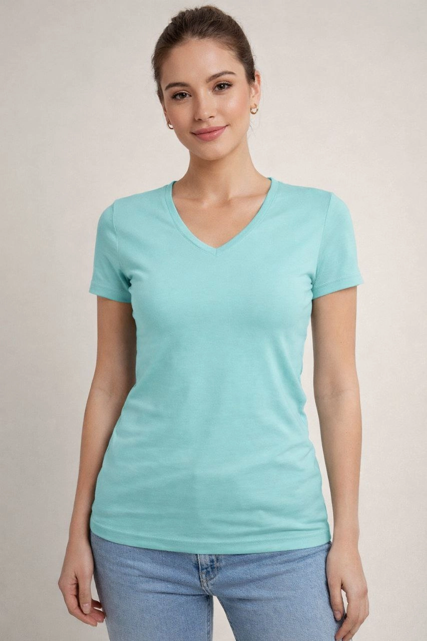 Kadın T-Shirt V Yaka Slim Fit Likralı Tişört Yazlık Basic Body - Turkuvaz