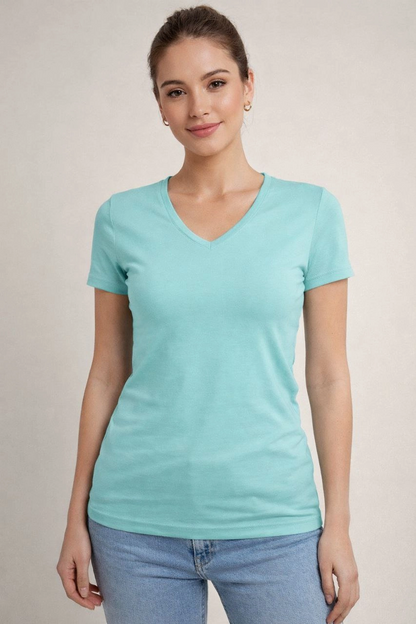 Kadın T-Shirt V Yaka Slim Fit Likralı Tişört Yazlık Basic Body - Turkuvaz