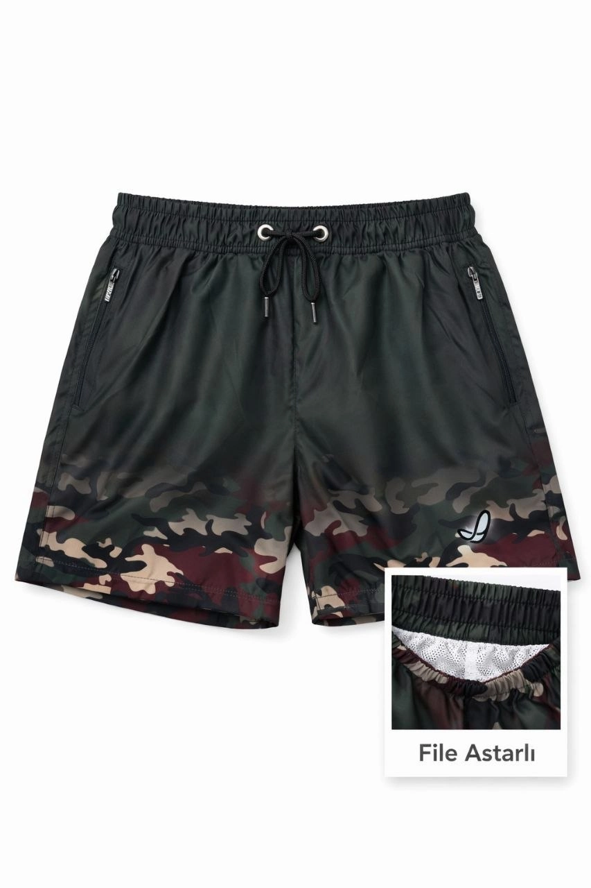 Kadın Deniz Şortu Fermuarlı Cepli File Astarlı Hızlı Kuruyan Premium - Siyah