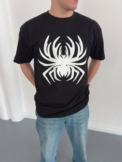 Erkek Örümcek Baskılı Tişört Kısa Kollu Bisiklet Yaka T-Shirt - Siyah
