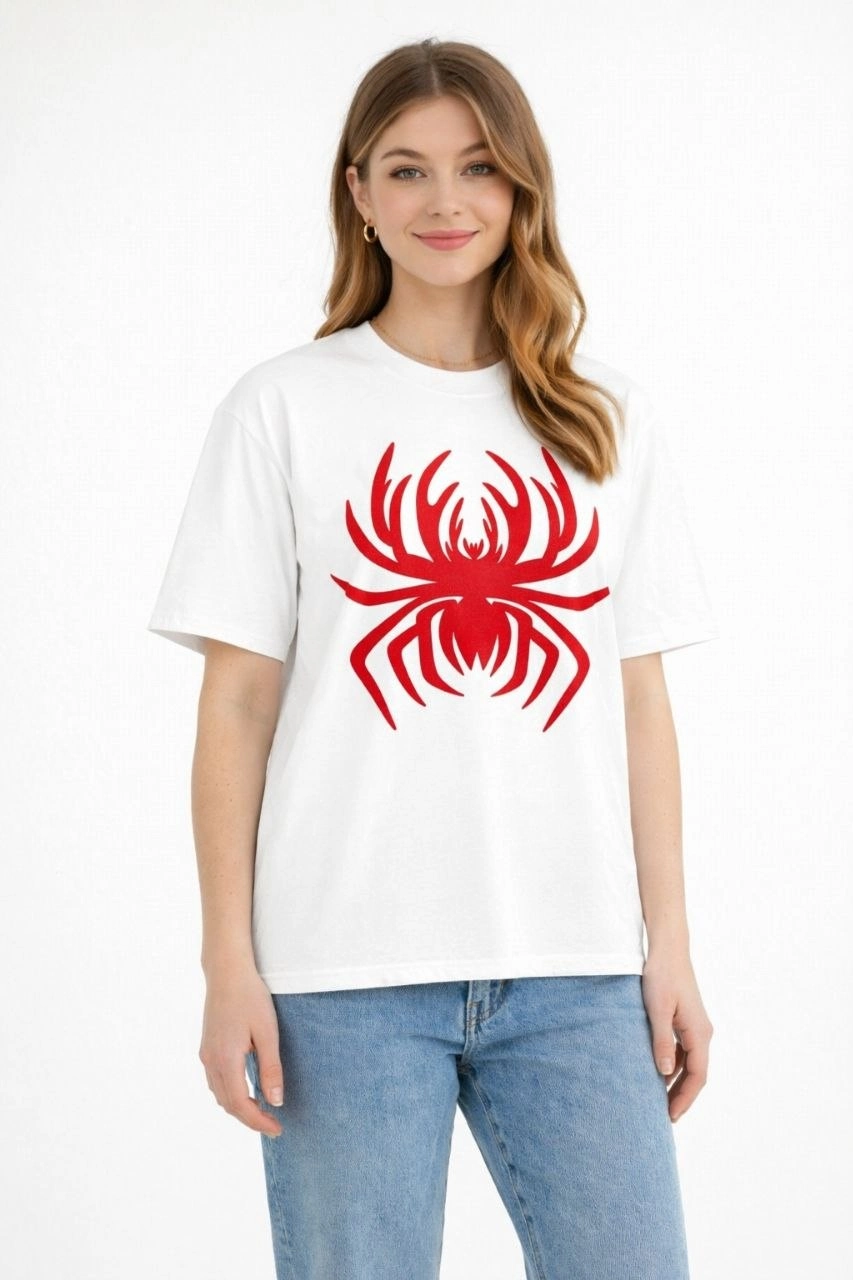 Kadın Örümcek Baskılı Tişört Kısa Kollu Bisiklet Yaka T-Shirt - Beyaz