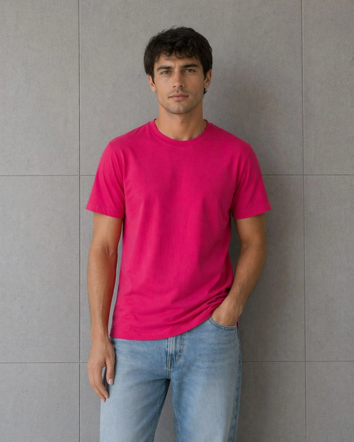 Erkek Basic Pamuklu Tişört Bisiklet Yaka Düz Renk Regular Fit T-Shirt - Fuşya