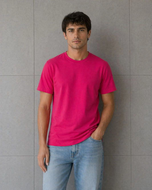Erkek Basic Pamuklu Tişört Bisiklet Yaka Düz Renk Regular Fit T-Shirt - Fuşya
