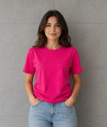 Kadın Basic Pamuklu Tişört Bisiklet Yaka Düz Renk Relaxed Fit T-Shirt - Fuşya