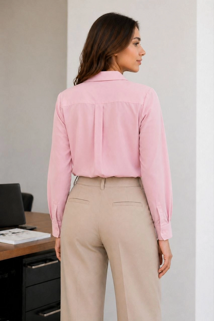 Kadın Uzun Kol Gömlek Düğmeli Klasik Yaka Günlük ve Ofis Şıklığına uygun - Toz Pembe