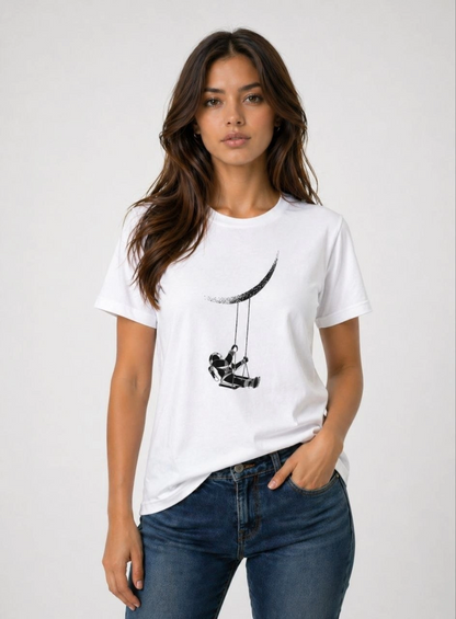 Kadın Astronot Ay Temalı Tişört Kısa Kol Yazlık Bisiklet Yaka T-Shirt - Beyaz