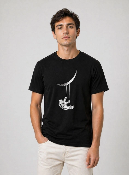 Erkek Astronot Ay Temalı Tişört Kısa Kol Yazlık Bisiklet Yaka T-Shirt - Siyah