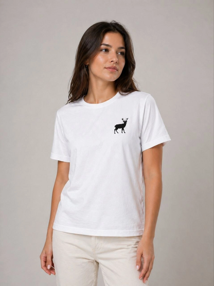 Kadın Minimal Geyik Logolu Tişört Bisiklet Yaka Kısa kol Yazlık T-Shirt - Beyaz