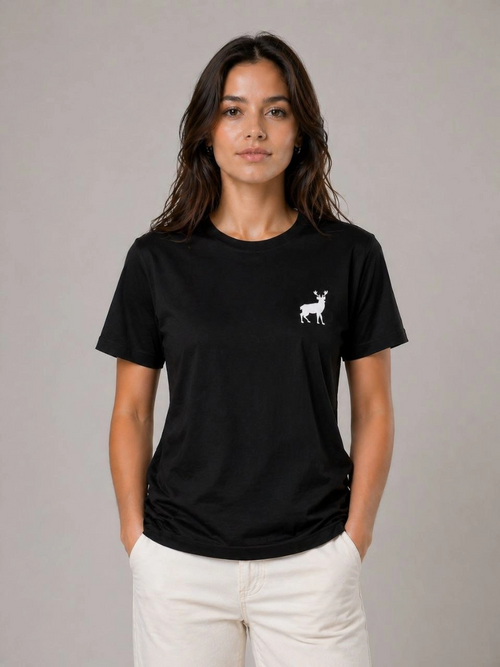 Kadın Minimal Geyik Logolu Tişört Bisiklet Yaka Kısa kol Yazlık T-Shirt - Siyah