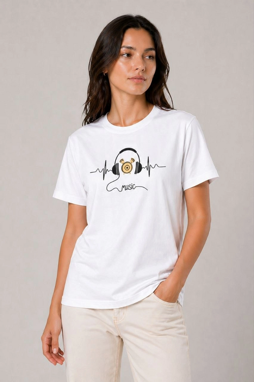 Kadın Müzik Temalı Baskılı Tişört Bisiklet Yaka Kısa Kol T-Shirt - Beyaz