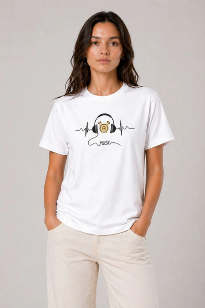 Kadın Müzik Temalı Baskılı Tişört Bisiklet Yaka Kısa Kol T-Shirt - Beyaz