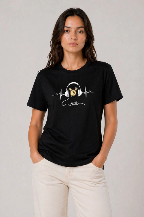 Kadın Müzik Temalı Baskılı Tişört Bisiklet Yaka Kısa Kol T-Shirt - Siyah