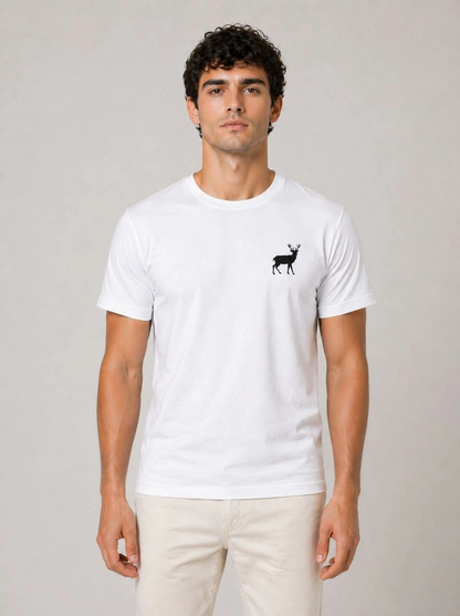 Erkek Minimal Geyik Logolu Tişört Bisiklet Yaka Kısa kol Yazlık T-Shirt - Beyaz