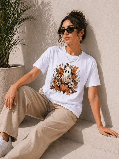 Kadın Balkabağı Hayalet Baskılı Tişört Kısa Kol Yazlık T-Shirt - Beyaz