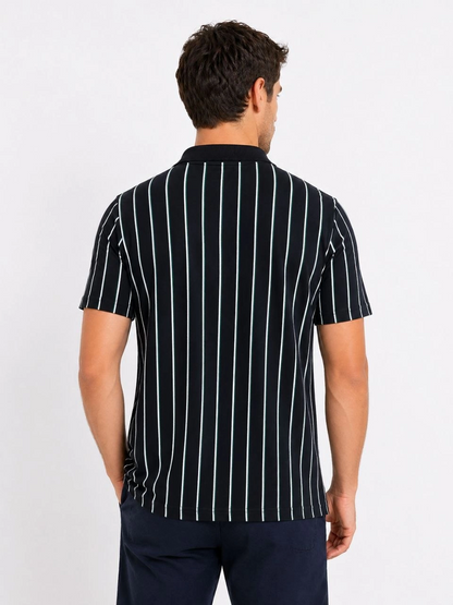 Erkek Pike Kumaş Çizgili Polo Yaka Tişört Kısa Kol Yazlık T-Shirt - Siyah