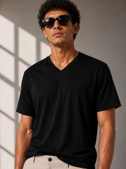 Erkek V Yaka Basic Tişört Kısa Kol Yazlık Regular Fit T-Shirt - Siyah