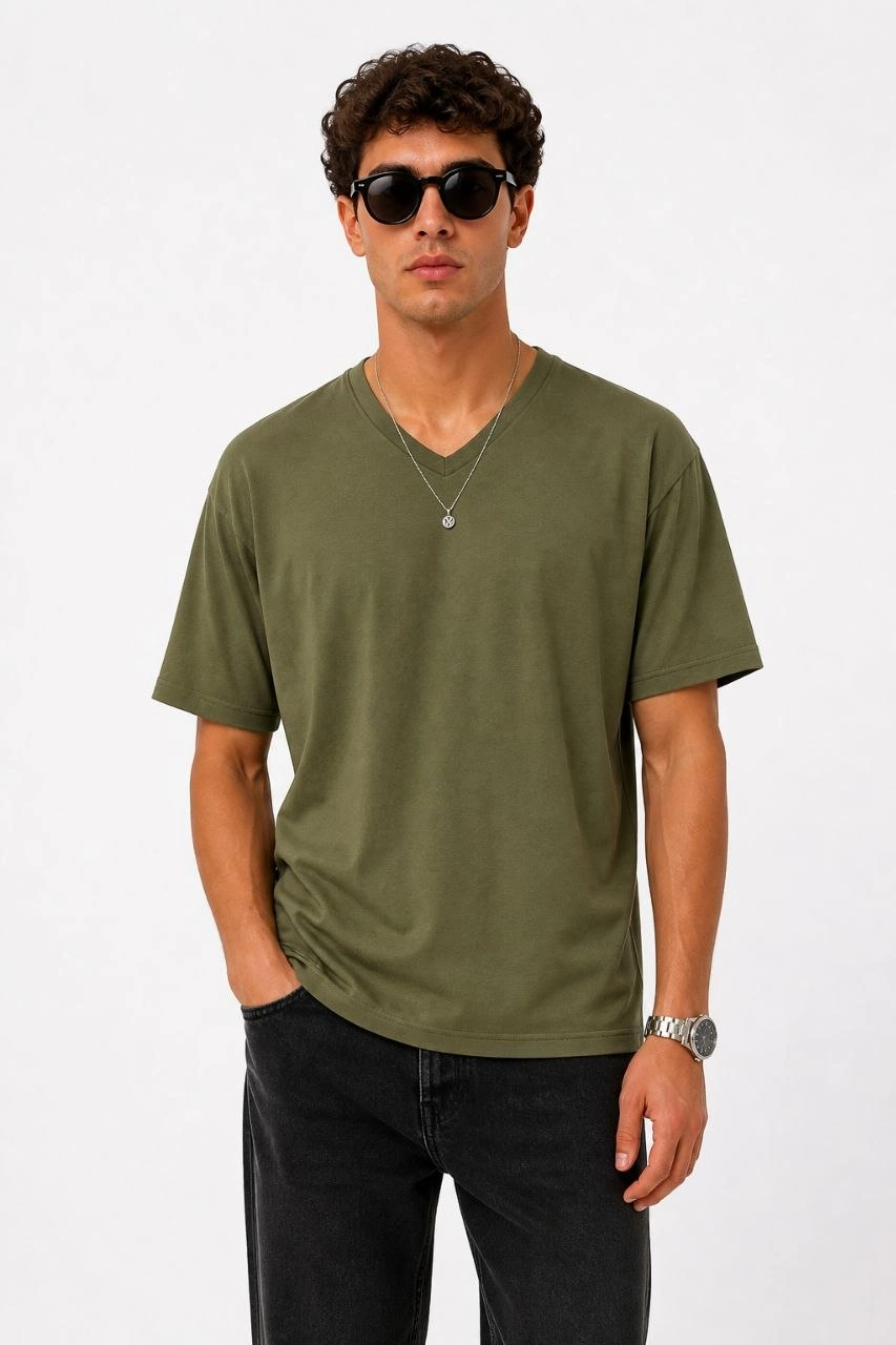Erkek V Yaka Basic Tişört Kısa Kol Yazlık Regular Fit T-Shirt - Haki