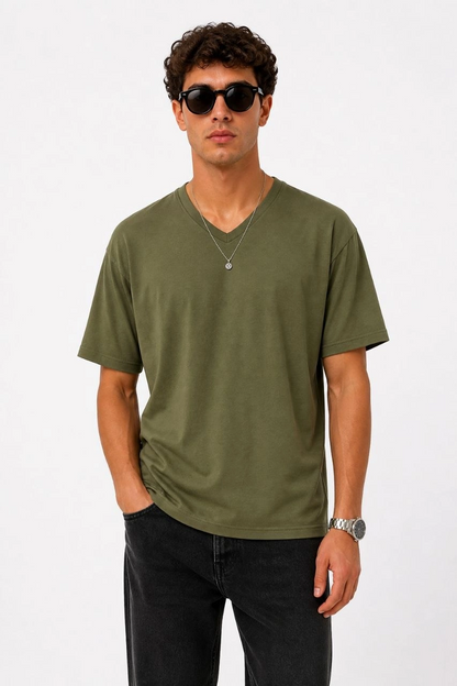 Erkek V Yaka Basic Tişört Kısa Kol Yazlık Regular Fit T-Shirt - Haki
