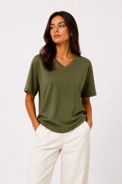 Kadın V Yaka Basic Tişört Kısa Kol Yazlık Regular Fit T-Shirt - Haki