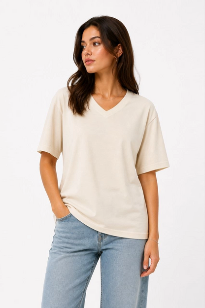 Kadın V Yaka Basic Tişört Kısa Kol Yazlık Regular Fit T-Shirt - Bej