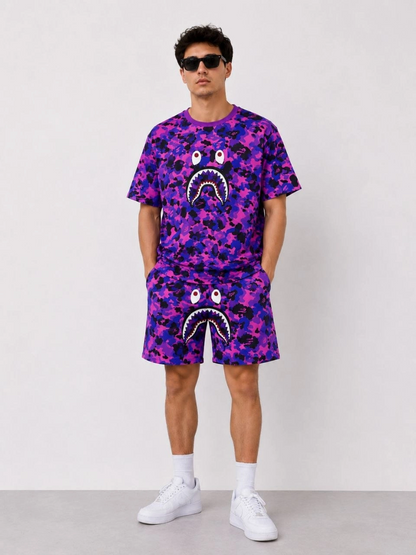 Erkek Oversize Kalıp Pubg Bape X Shark Nakışlı Cepli Şort Takım - Mor