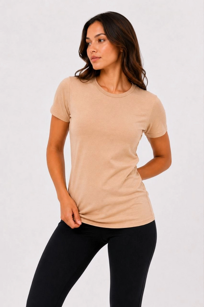 Kadın Basic Tişört Bisiklet Yaka Kısa Kol Günlük Yazlık Slim fit T-Shirt - Bej