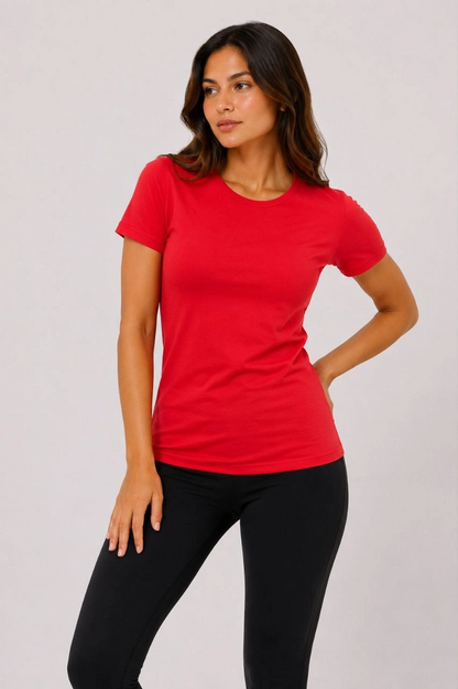 Kadın Basic Tişört Bisiklet Yaka Kısa Kol Günlük Yazlık Slim fit T-Shirt - Kırmızı