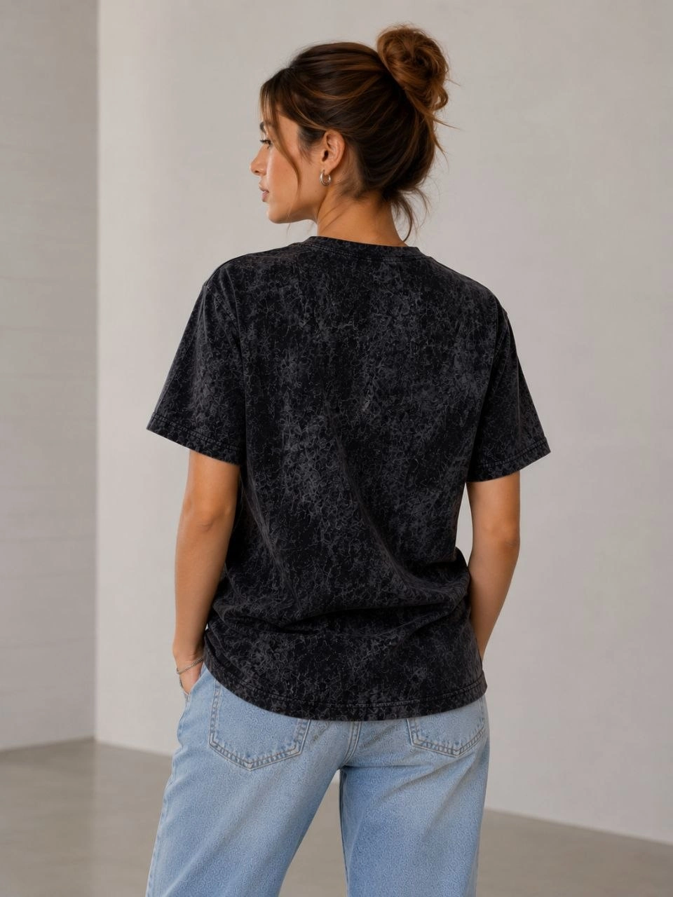 Kadın Yıkamalı Washed Effect Tişört Bisiklet Yaka Sokak Stil Kısa Kol T-Shirt - Siyah