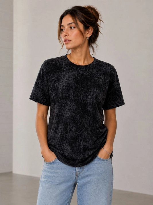 Kadın Yıkamalı Washed Effect Tişört Bisiklet Yaka Sokak Stil Kısa Kol T-Shirt - Siyah