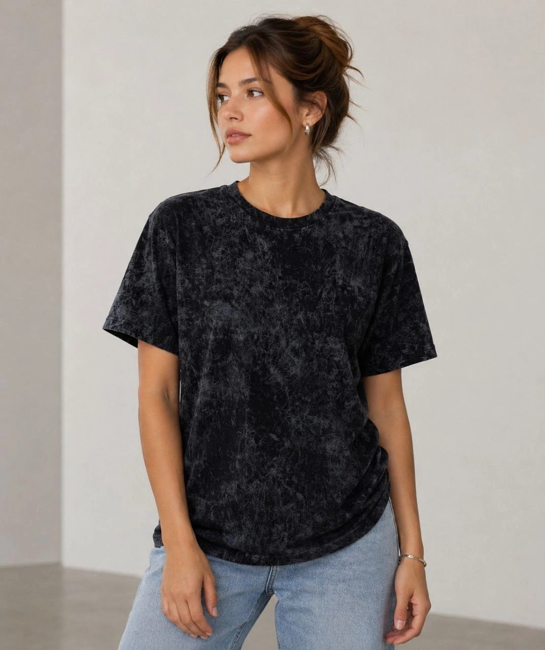 Kadın Yıkamalı Washed Effect Tişört Bisiklet Yaka Sokak Stil Kısa Kol T-Shirt - Siyah