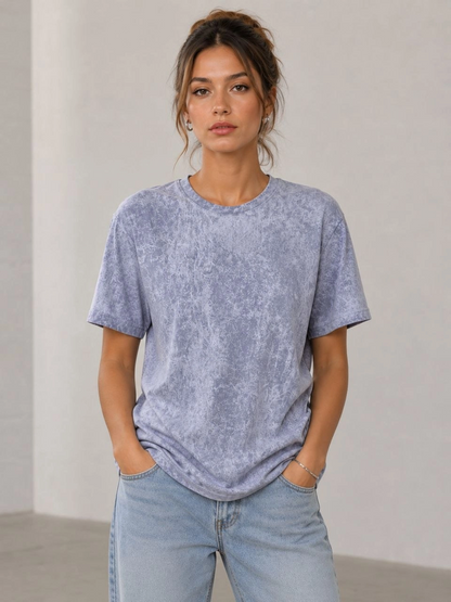 Kadın Yıkamalı Washed Effect Tişört Bisiklet Yaka Sokak Stil Kısa Kol T-Shirt - Gri