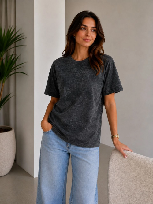 Kadın Batik Desenli Tişört Bisiklet Yaka Kısa Kol Regular Fit T-shirt - Siyah