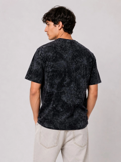 Erkek Yıkamalı Washed Effect Tişört Bisiklet Yaka Sokak Stil Kısa Kol T-Shirt - Siyah